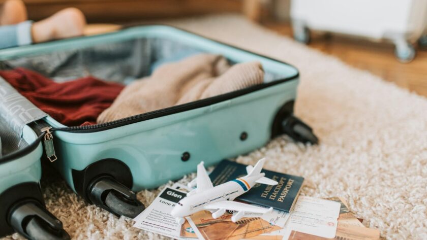 black and green luggage bag on brown carpet